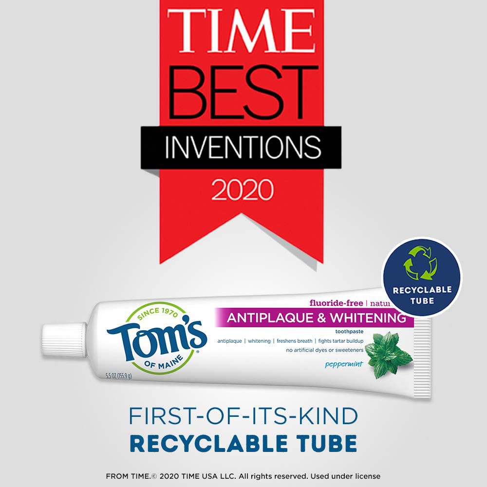 Tom's of Maine Fluoride-Free Antiplaque & Whitening Toothpaste, Travel Size, Peppermint, 1 oz. 12-Pack (Packaging May Vary)