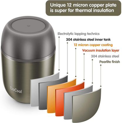 DaCool Hot Food Jar Insulated Lunch Box Container Vacuum Stainless Steel 16 Ounce Kids Adult Bento Box for Hot Food with Spoon Leak Proof for School Office Picnic Travel Outdoors, BPA free - Gray
