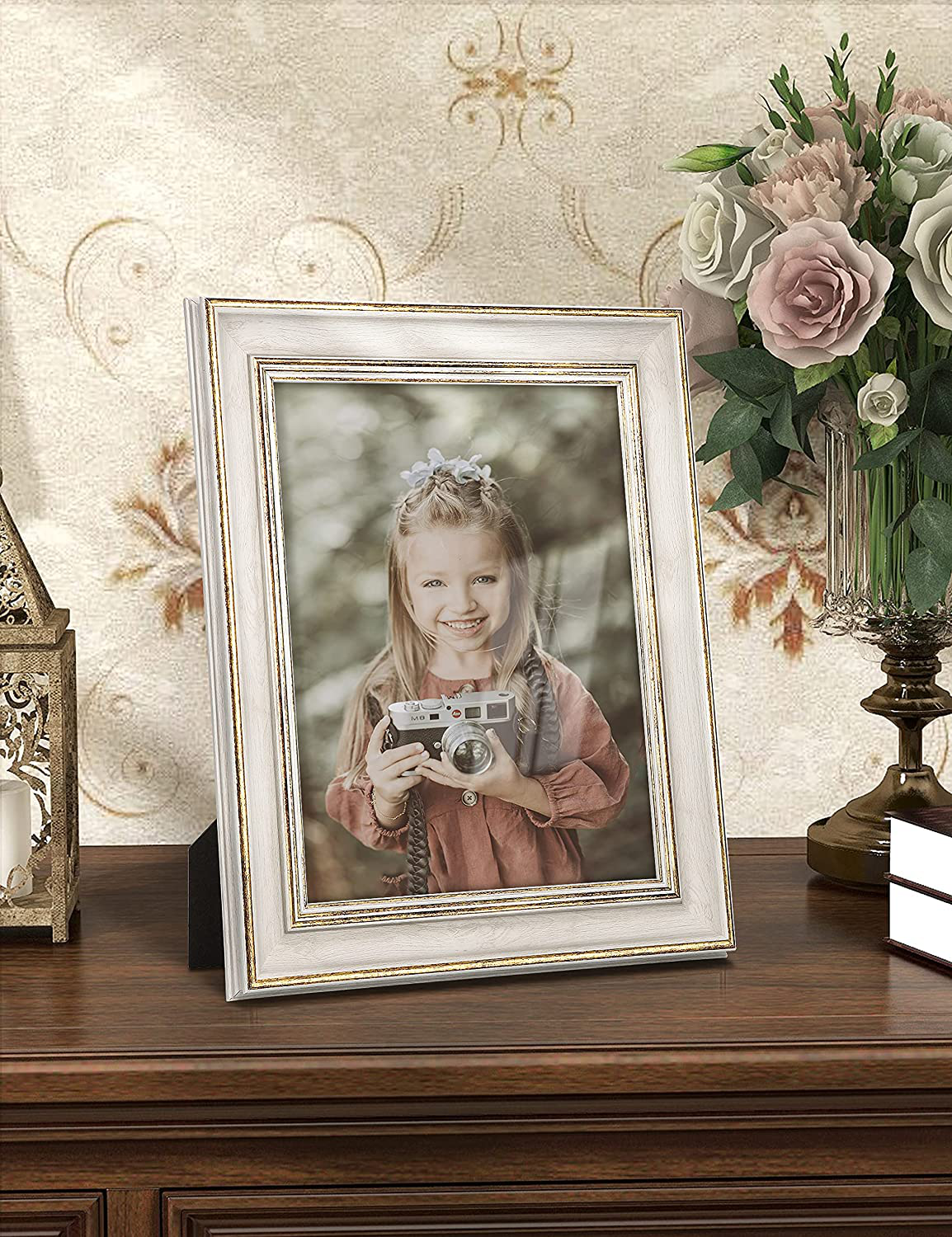 Sonefreiy Picture Frame 8x10 White Gold Vintage Antique Retro Photo Frame Desk and Wall Hanging Family Friends Wedding Gift