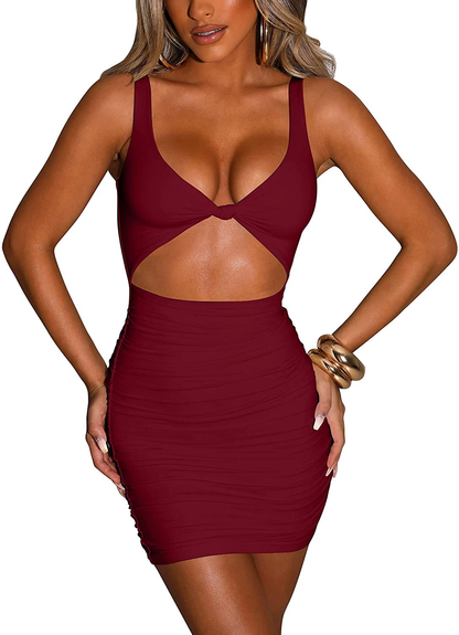 Kaximil Women's Sexy Bodycon Sleeveless Cut Out Ruched Tank Mini Club Party Dresses