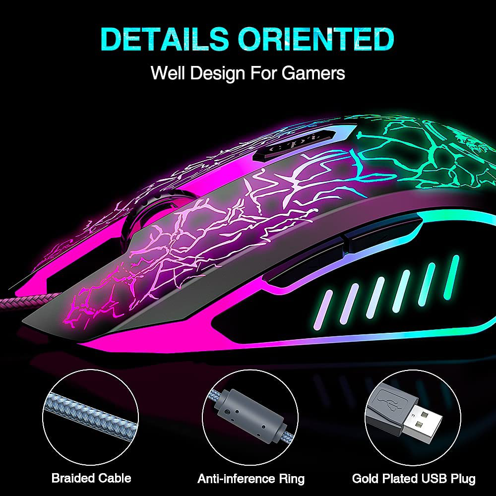 Gaming Mouse Wired, USB Optical Computer Mice with RGB Backlit, 4 Adjustable DPI Up to 3600, Ergonomic Gamer Laptop PC Mouse with 6 Programmable Buttons for Windows 7/8/10/XP Vista Linux