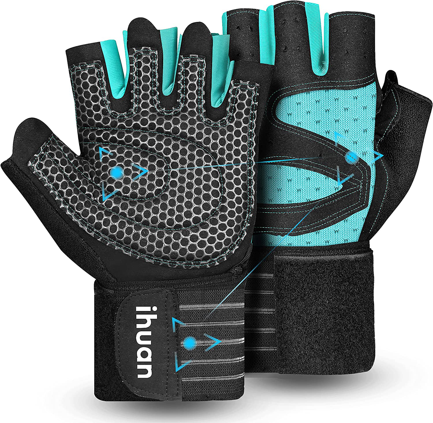 ihuan Ventilated Weight Lifting Gym Workout Gloves Full Finger with Wrist Wrap Support for Men & Women, Full Palm Protection, for Weightlifting, Training, Fitness, Hanging, Pull ups