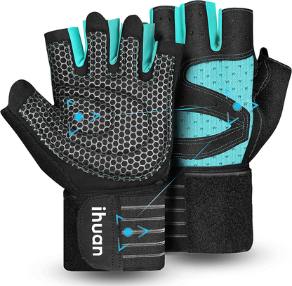 ihuan Ventilated Weight Lifting Gym Workout Gloves Full Finger with Wrist Wrap Support for Men & Women, Full Palm Protection, for Weightlifting, Training, Fitness, Hanging, Pull ups