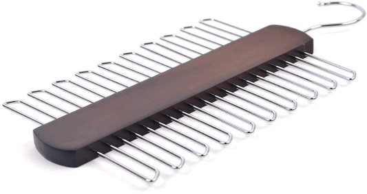 Umo Lorenzo Premium Wooden Necktie and Belt Hanger, Walnut Wood Center Organizer and Storage Rack with a Non-Slip Finish - 20 Hooks (Wooden)