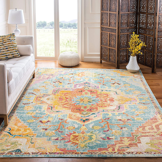 Safavieh Crystal Collection CRS501K Boho Chic Oriental Medallion Distressed Non-Shedding Stain Resistant Living Room Bedroom Area Rug, 6'7" x 9'2", Orange / Teal