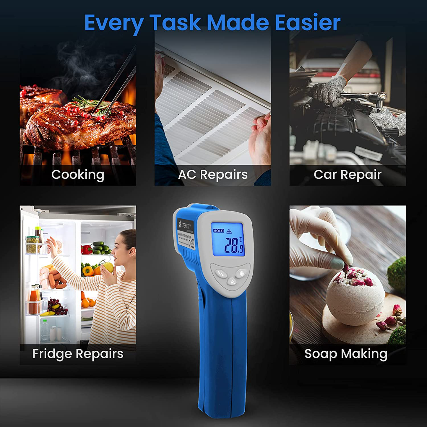 Etekcity Gun Non-contact-58°F ~1022°F (-50°C ~ 550°C) ith Adjustable Emissivity & Max Measure for Meat Refrigerator Pool Oven, Blue