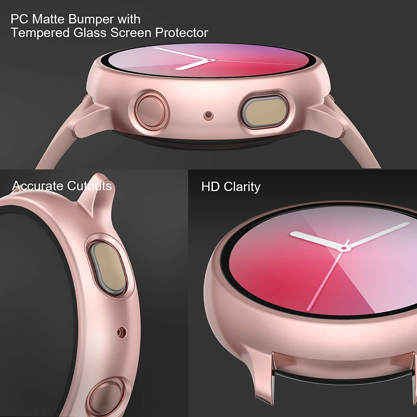 2 Pack Tempered Glass Screen Protector Cover Compatible with Samsung Galaxy Watch Active 2 44mm 40mm, Bumper Full Around Cover for Samsung Galaxy Watch Active2 44 40 