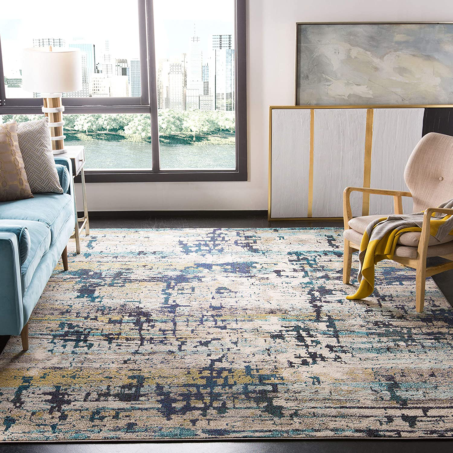 Safavieh Madison Collection MAD469B Modern Abstract Non-Shedding Living Room Bedroom Area Rug, 5' x 5' Square, Cream / Blue