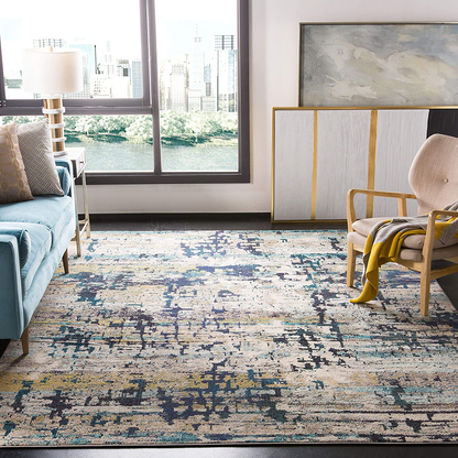 Safavieh Madison Collection MAD469B Modern Abstract Non-Shedding Living Room Bedroom Area Rug, 5' x 5' Square, Cream / Blue