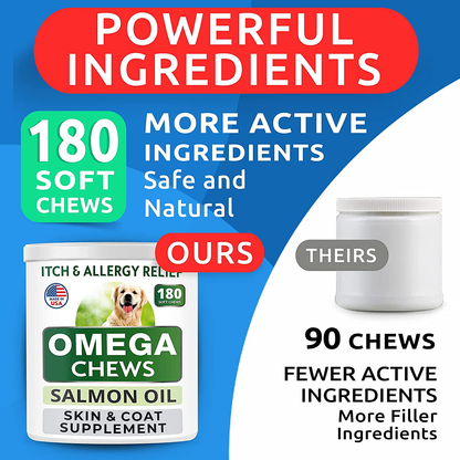 Bark&Spark Omega 3 for Dogs - 180 Fish Oil Chews - Allergy and Itch Relief - Anti-Shedding - Hot Spots Treatment - Joint Health - Skin and Coat Supplement - EPA & DHA Fatty Acids - Salmon Oil
