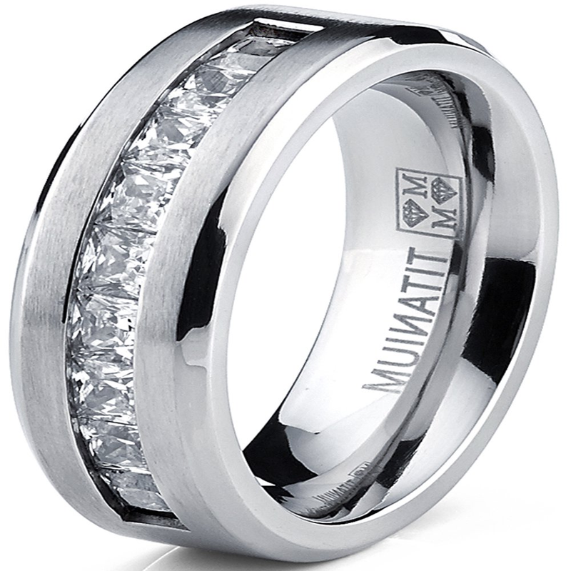 Titanium Men's .9 Ct Wedding Band with 9 Large Princess Cut Cubic Zirconias