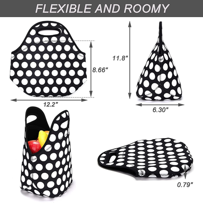 Neoprene Lunch Bags Insulated Lunch Tote Bags for Women Washable lunch container box for work picnic Lightweight Meal Prep Bags for Men Women (White Dots Black)