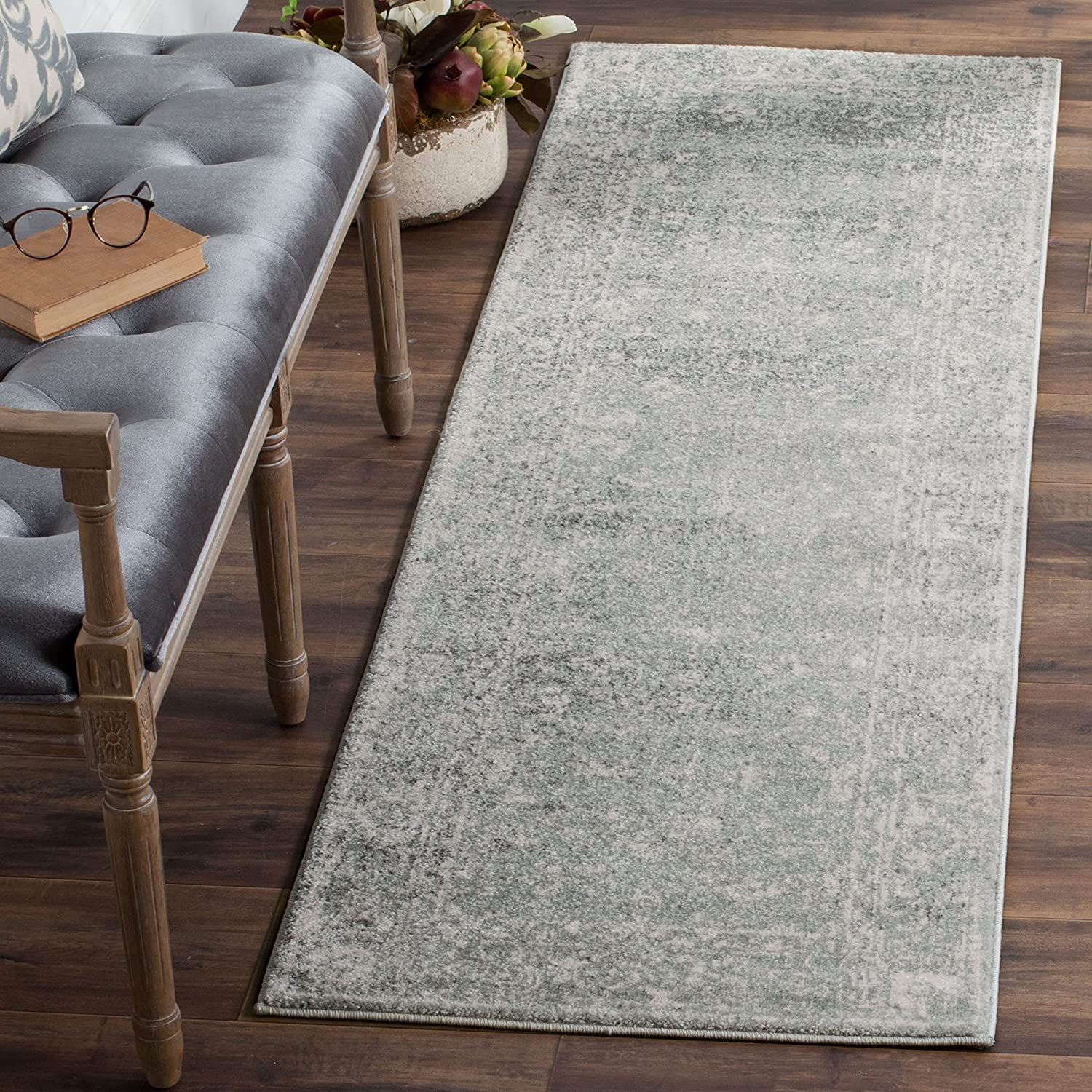 Safavieh Evoke Collection EVK270Z Shabby Chic Distressed Non-Shedding Stain Resistant Living Room Bedroom Runner, 2'2" x 13' , Silver / Ivory