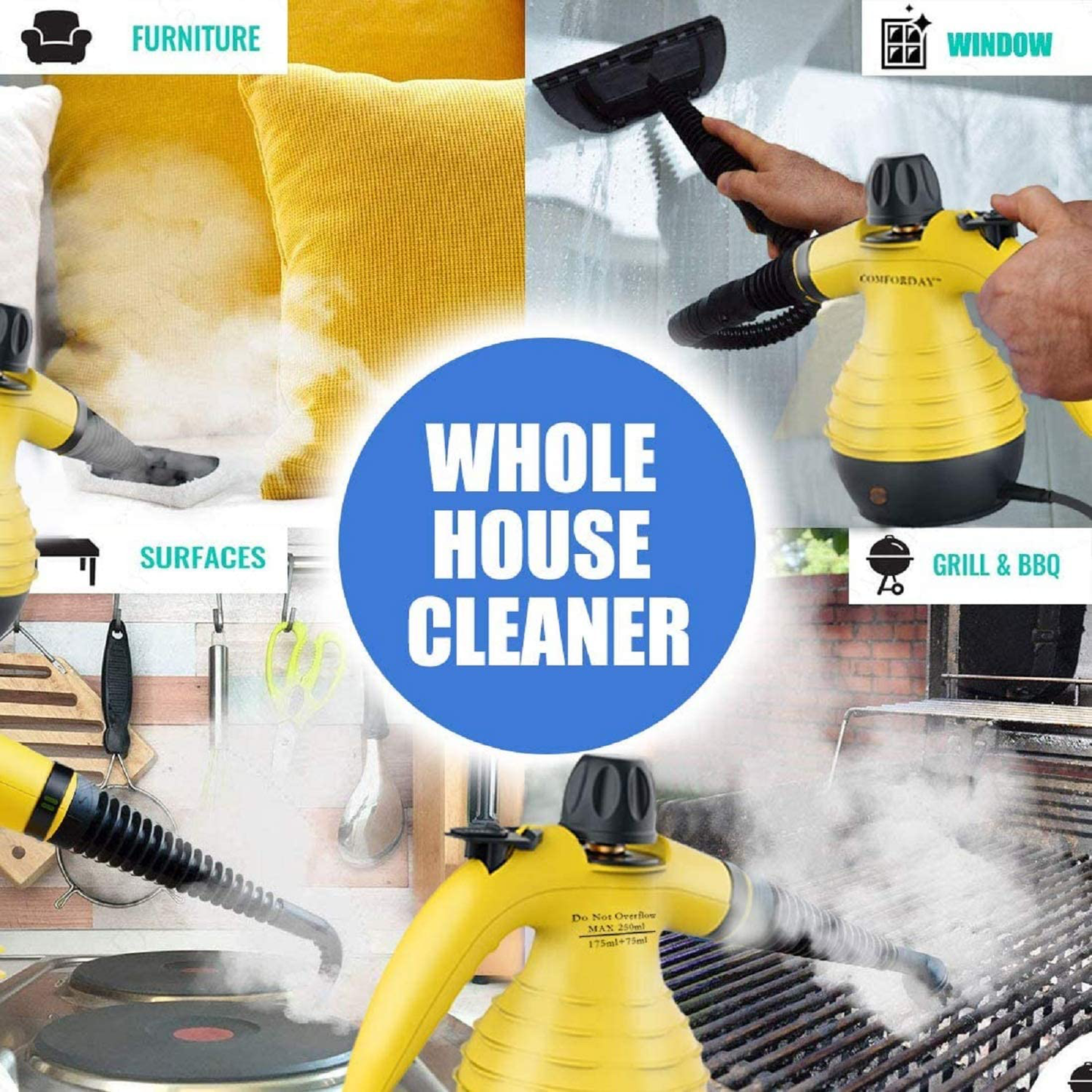 Comforday Handheld Pressurized Steam Cleaner- Multi Purpose Eco-Friendly Steamer with 9-Piece Accessories Steam Cleaning Machine for Stain Removal, Curtains, Car Seats,Floor,Window