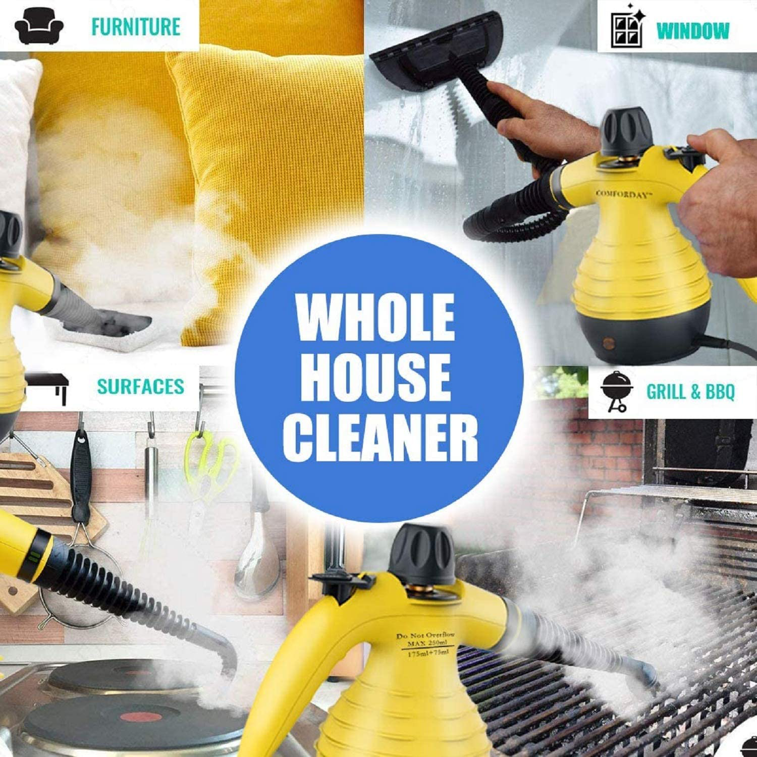 Comforday Handheld Pressurized Steam Cleaner- Multi Purpose Eco-Friendly Steamer with 9-Piece Accessories Steam Cleaning Machine for Stain Removal, Curtains, Car Seats,Floor,Window