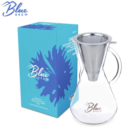 Blue Brew BB1011 Pour Over Brewer - Coffee Maker Carafe w/Permanent Filter - 15oz
