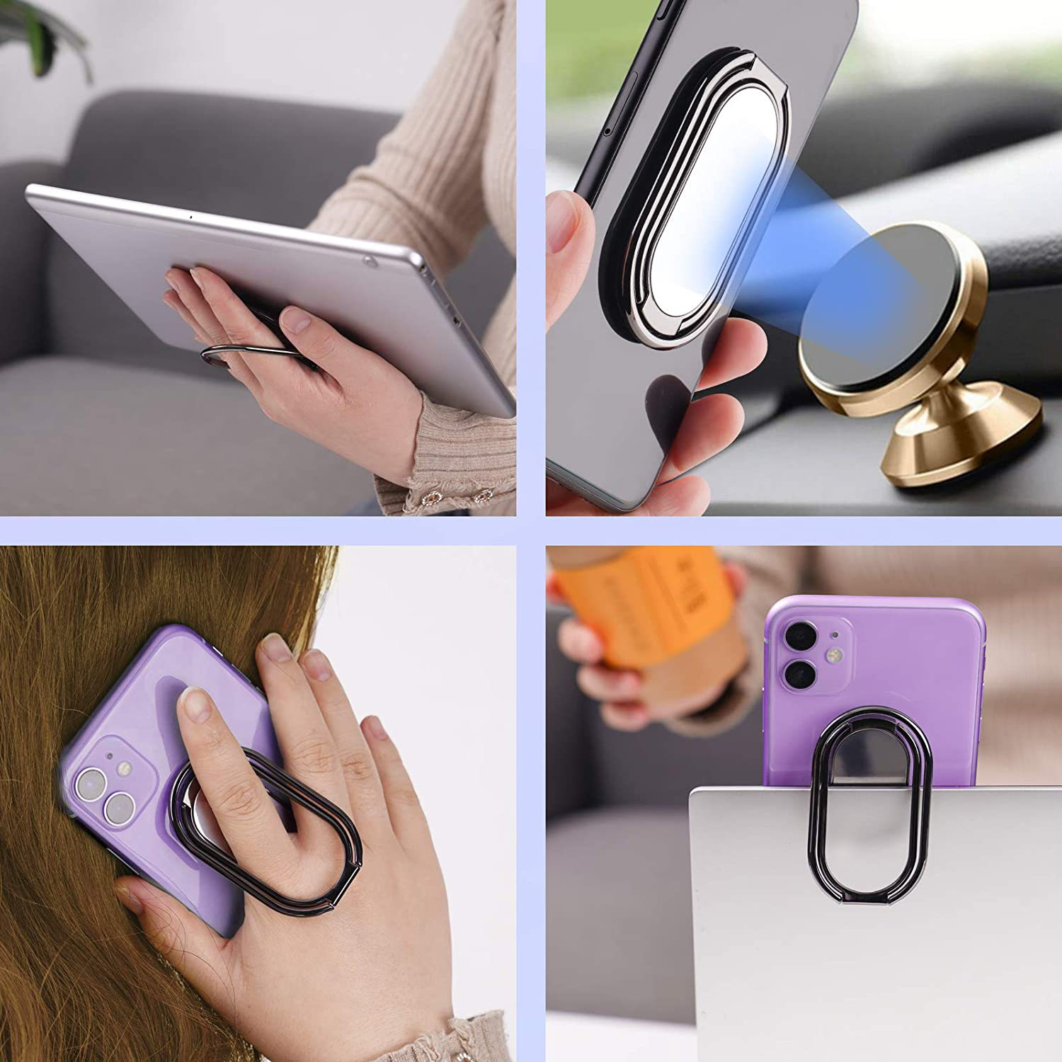 Attom Tech Phone Ring Holder Double-Folded Magnetic Car Mount, 360° Rotation Zinc Alloy Metal Universal Finger Buckle Grip Kickstand Ultra-Thin Vehicle Bracket Cell Phones Smartphones Tablets (Black)
