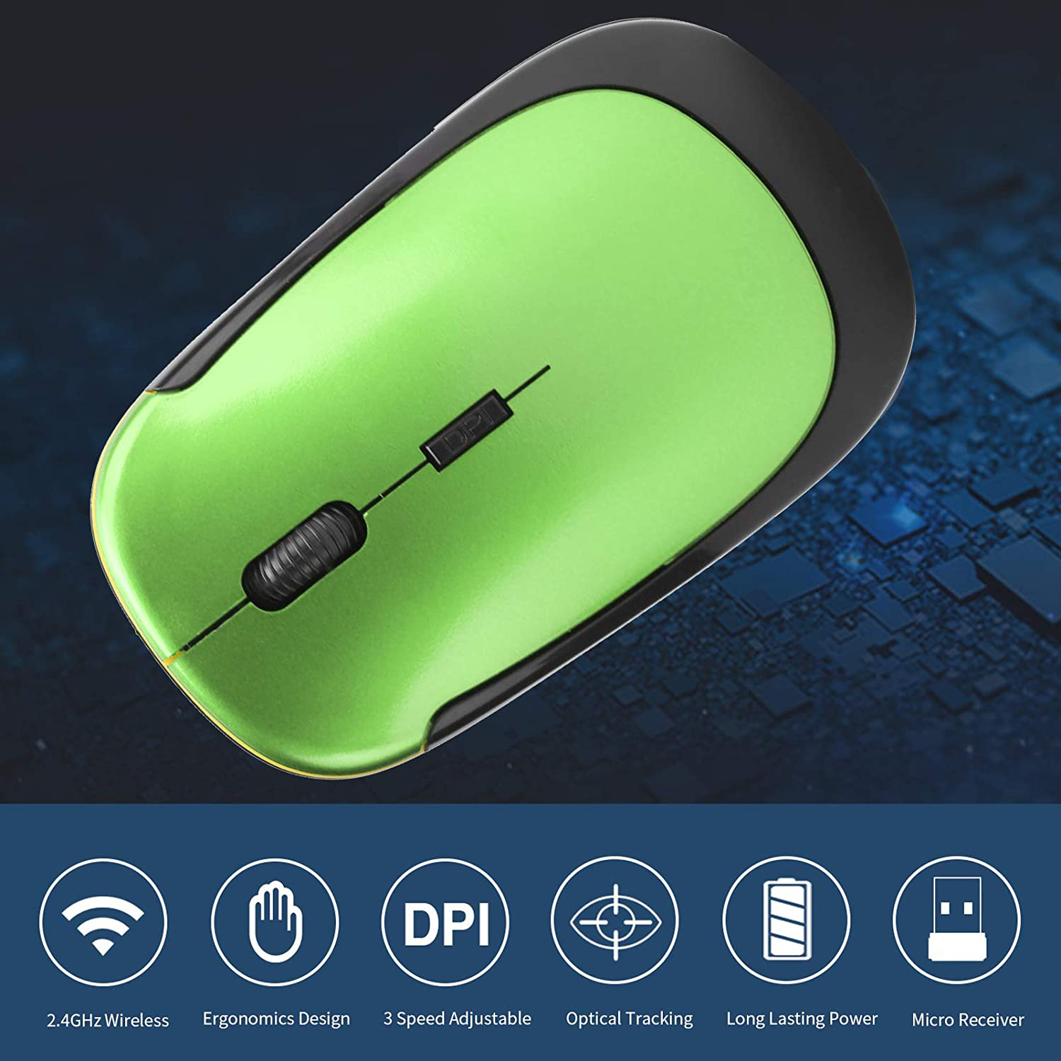 Wireless Mouse 2.4G Wreless Frequency Hopping Adjustable Optical USB Receiver Notebook Computer Accessories 1600dpi Silent Micro Motion Design Lightweight and Portable(Green)