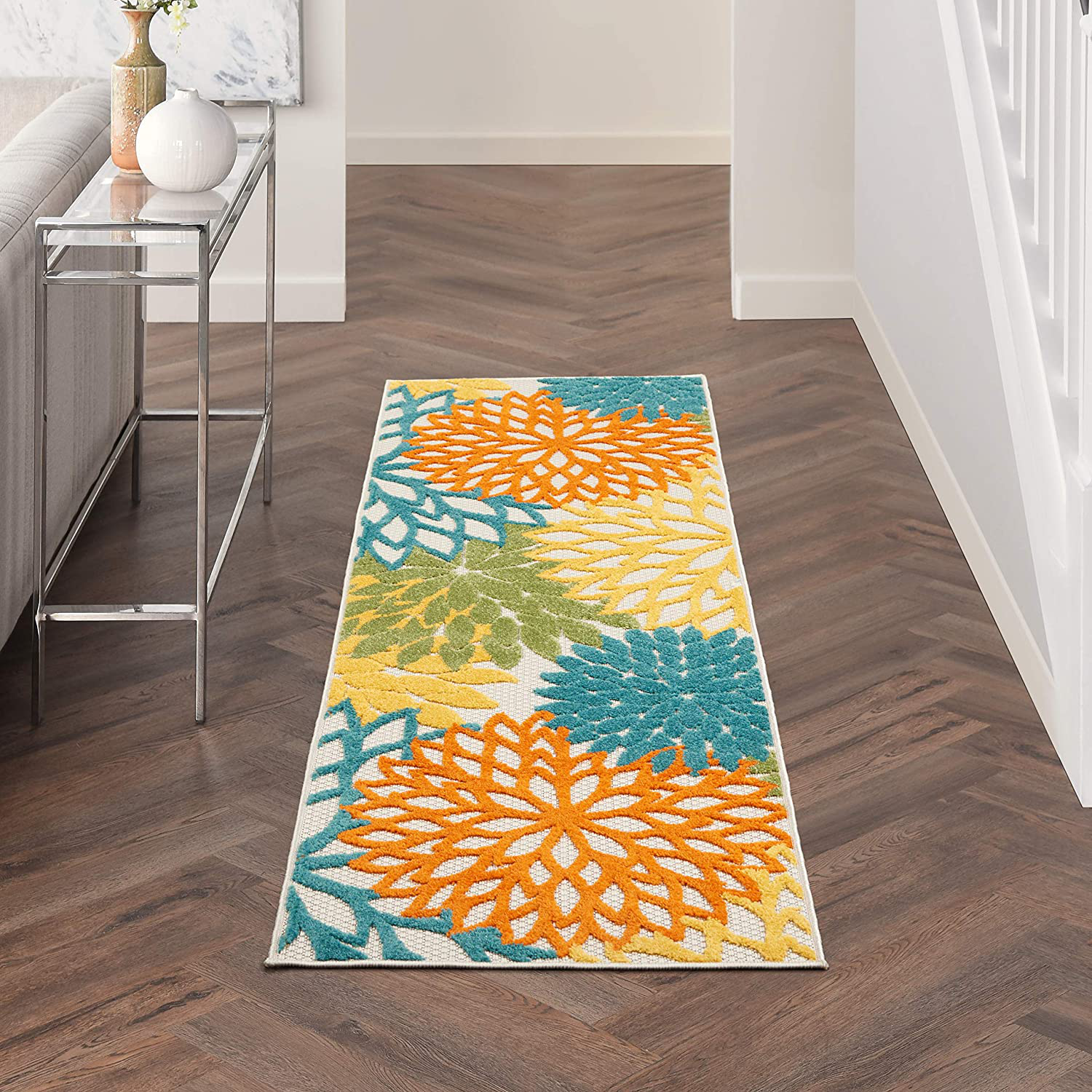 Nourison Aloha Indoor/Outdoor Floral Turquoise Multicolor 2'3" x 8' Area Rug, (8' Runner)