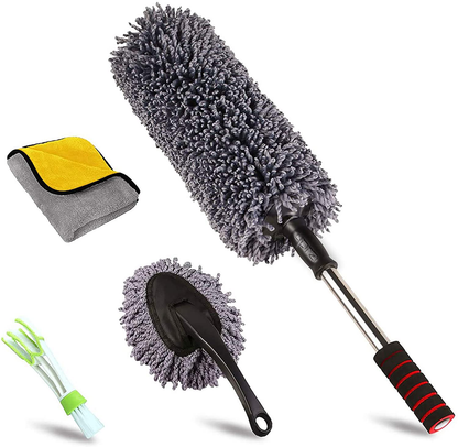 upra Ultimate Car Duster Kit，Best Microfiber Multipurpose Duster,Interior &Exterior Cleaning Tools,Dashboard Detailing Brush,Scratch Lint Free,Pollen Removing,extendable Handle,Tuck,SUV,RV,Set of 4
