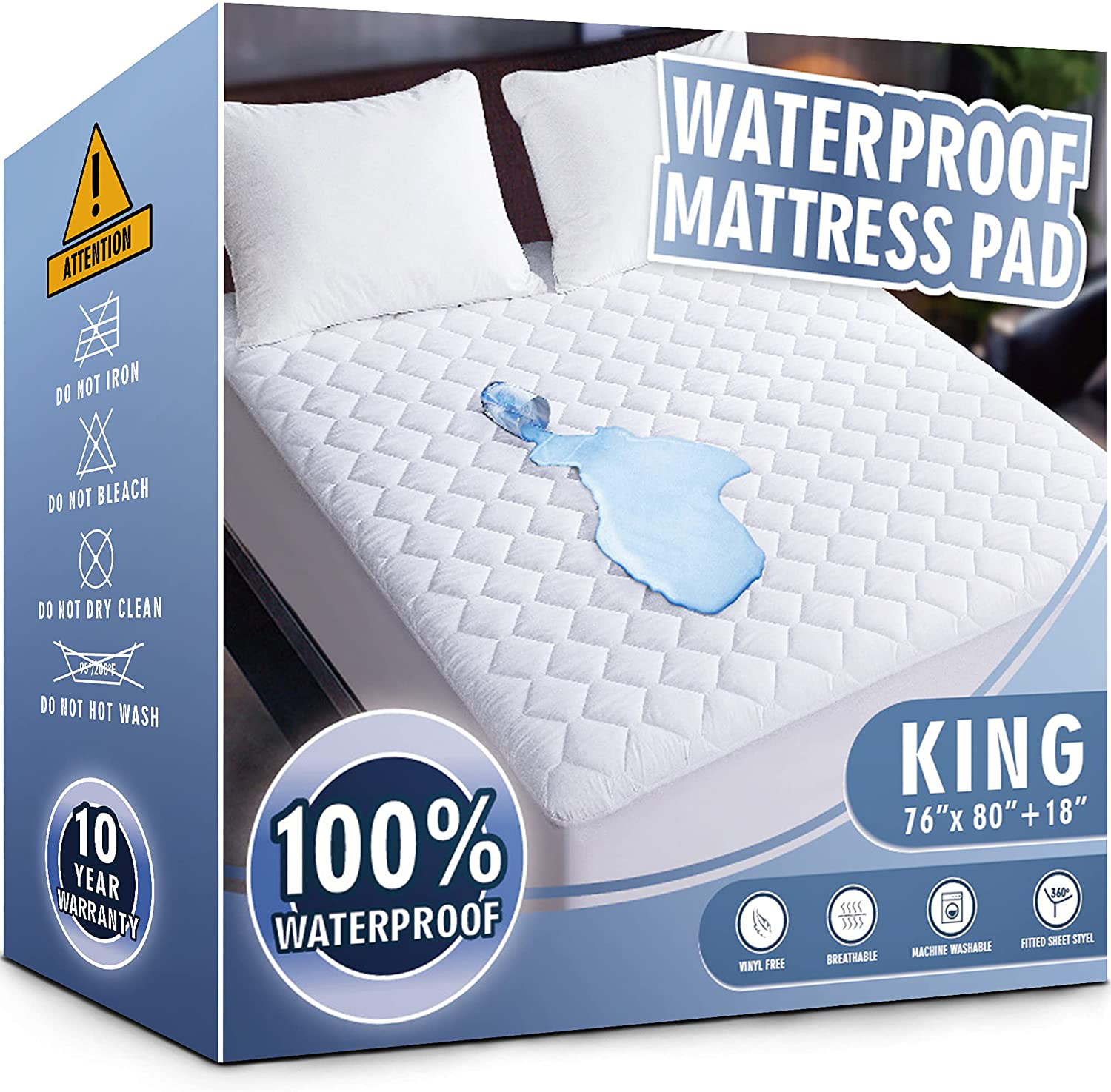 Waterproof Mattress Pad King Size, Soft and Breathable Quilted Mattress Protector, 6''-18'' Deep Pocket Fitted Mattress Cover, White