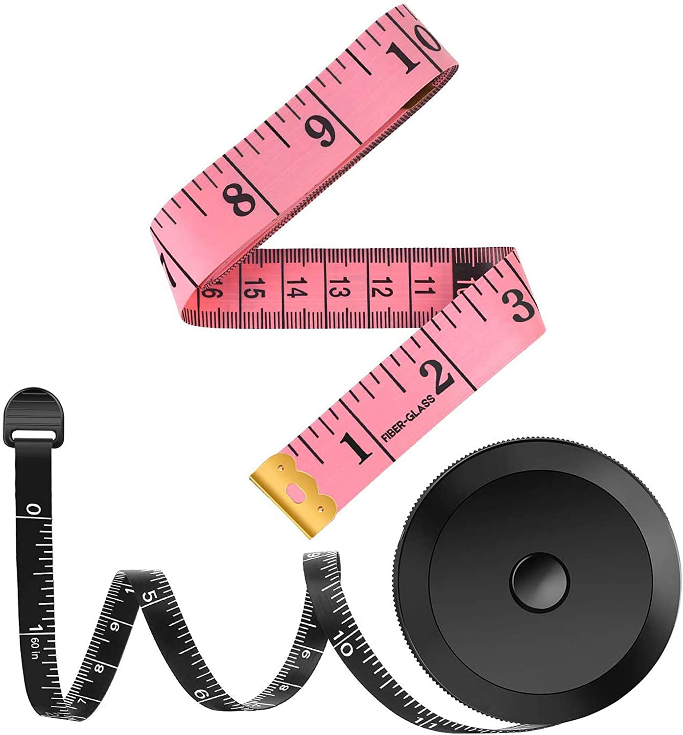 2 Pack Tape Measure Measuring Tape for Body Fabric Sewing Tailor Cloth Knitting Vinyl Home Craft Measurements, 60-Inch Soft Fashion Pink & Retractable Black Double Scales Rulers for Body Weight Loss