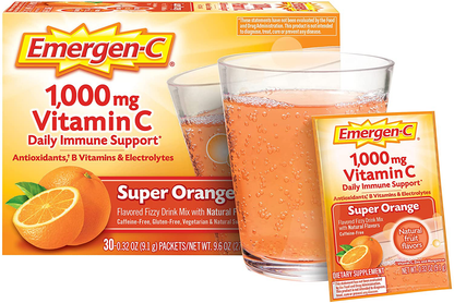 Emergen-C 1000mg Vitamin C Powder, with Antioxidants, B Vitamins and Electrolytes, Vitamin C Supplements for Immune Support, Caffeine Free Fizzy Drink Mix, Super Orange Flavor - 30 Count