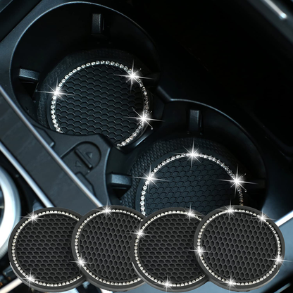 Valleycomfy 4PCS Bling Car Coasters, Universal Vehicle Bling Car Accessories -2.75 inch Silicone Anti Slip Crystal Rhinestone Cup Holder Coasters for Car (Black)