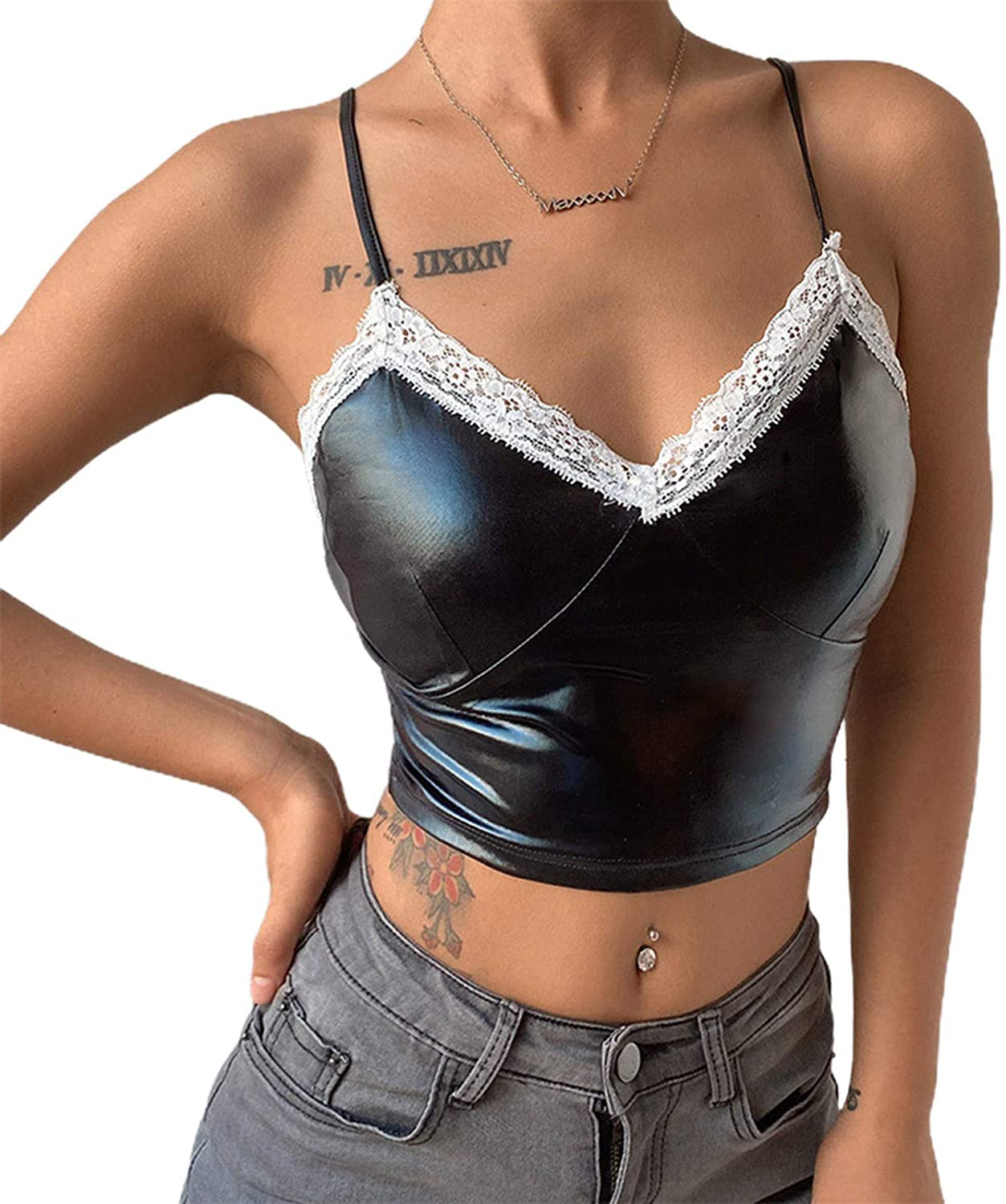 Women Y2K Cropped Tank Tops Sexy V Neck Spaghetti Strap Crop Top Lace Cami Shirt Sleeveless Patchwork Camisole
