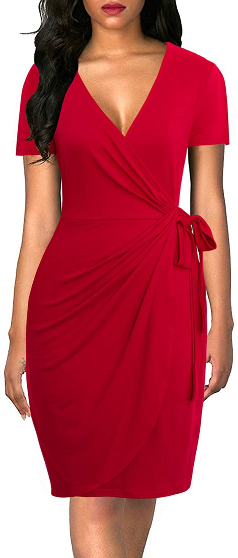 Lyrur Women's Classic V-Neck Casual Party Knee Length Sheath Work Short Sleeve Faux Black Wrap Dress