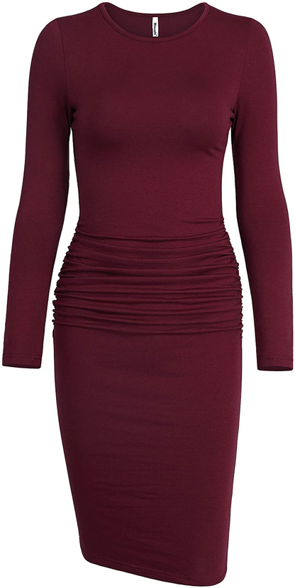Missufe Women's Long Sleeve Ruched Casual Sundress Midi Bodycon Sheath Dress