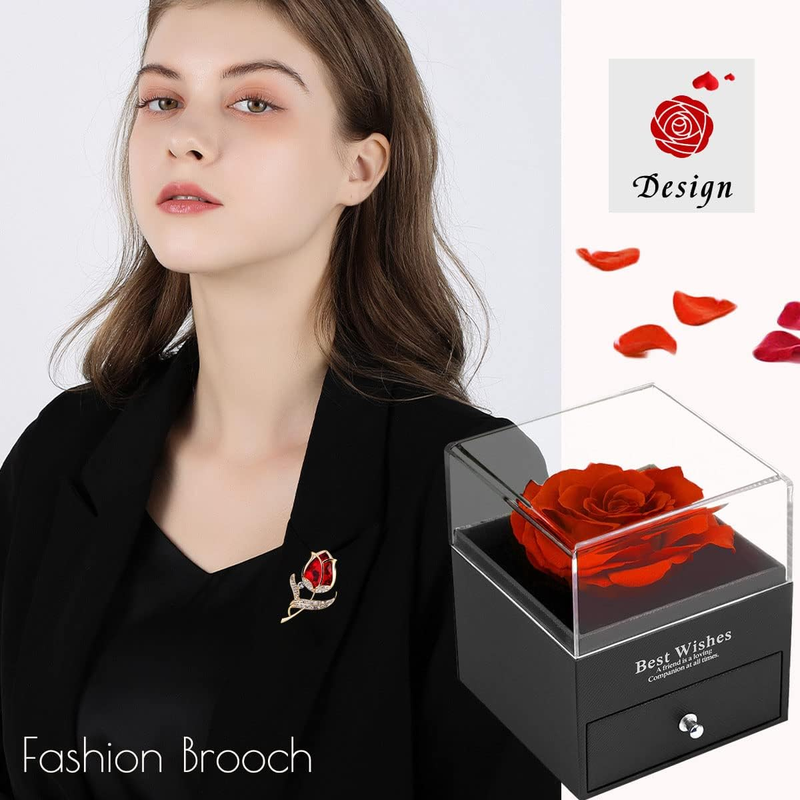 Preserved Rose Gift Box with Ruby Brooch, Eternal Rose in Jewelry Box