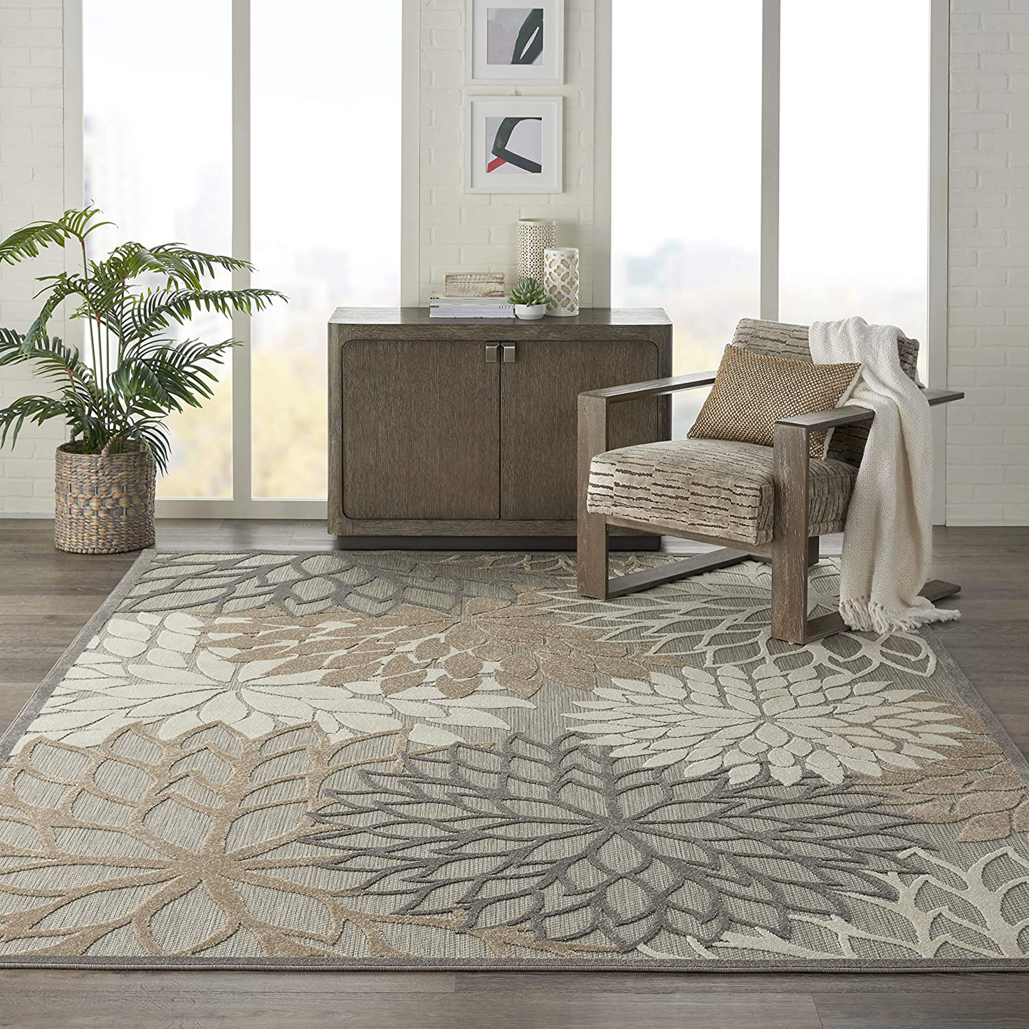 Nourison Aloha Indoor/Outdoor Floral Black White 2'3" x 10' Area Rug, (10' Runner)
