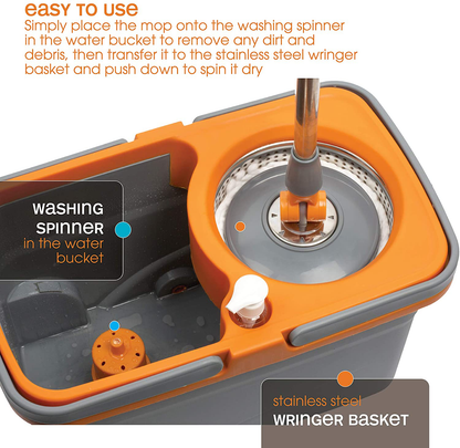 Casabella Microfiber Spin Mop and Bucket System with Replacement Head Refill, Graphite/Orange