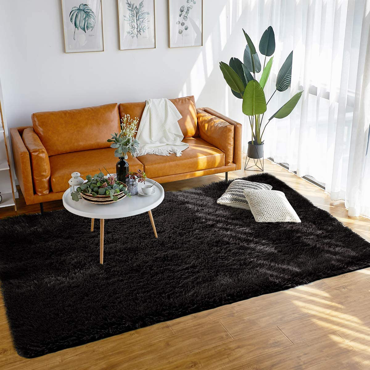 Merelax Soft Modern Indoor Large Shaggy Rug for Bedroom Livingroom Dorm Kids Room Home Decorative, Non-Slip Plush Fluffy Furry Fur Area Rugs Comfy Nursery Accent Floor Carpet 5x8 Feet, Black