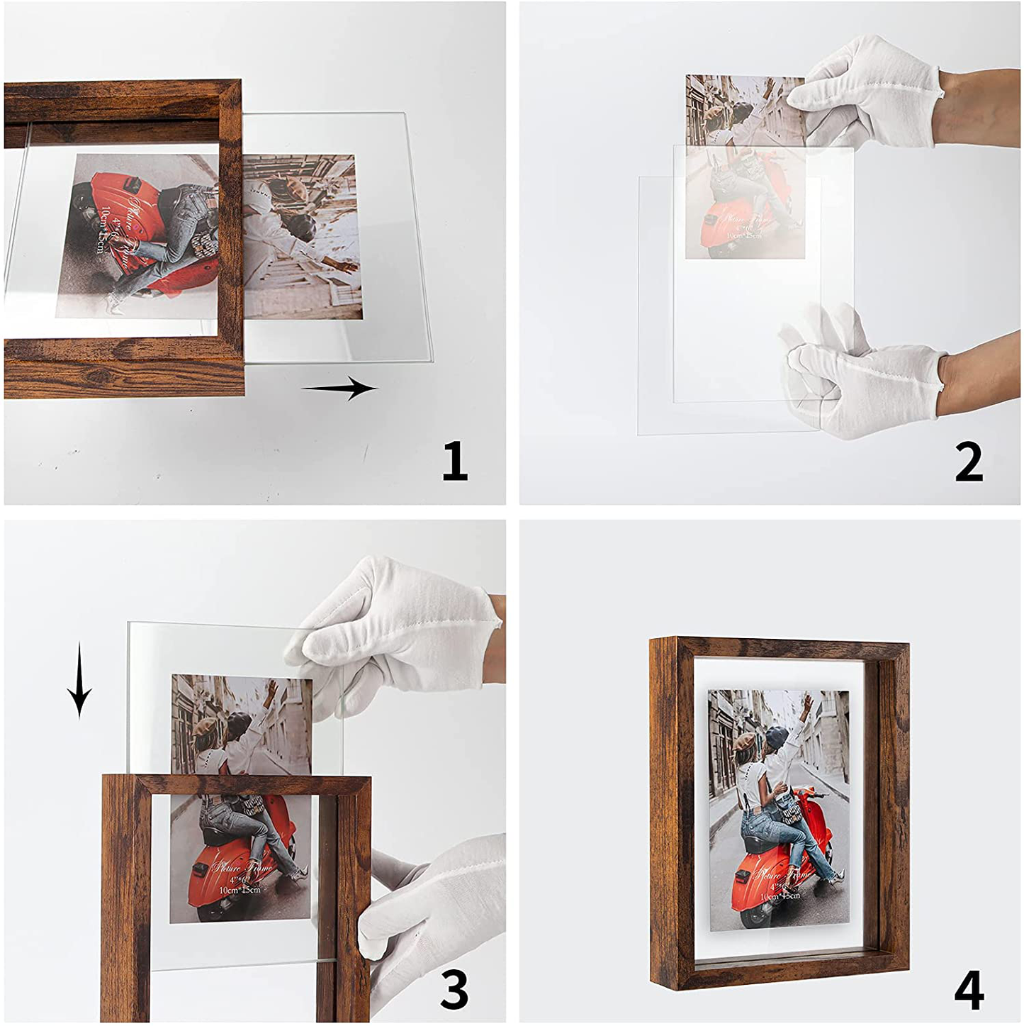 WIFTREY 2 Pack 4x6 Floating Picture Frames, Double Glass Rustic Photo Frame for Wall Hanging or Tabletop Standing, Displays Photo up to 6x8, Brown
