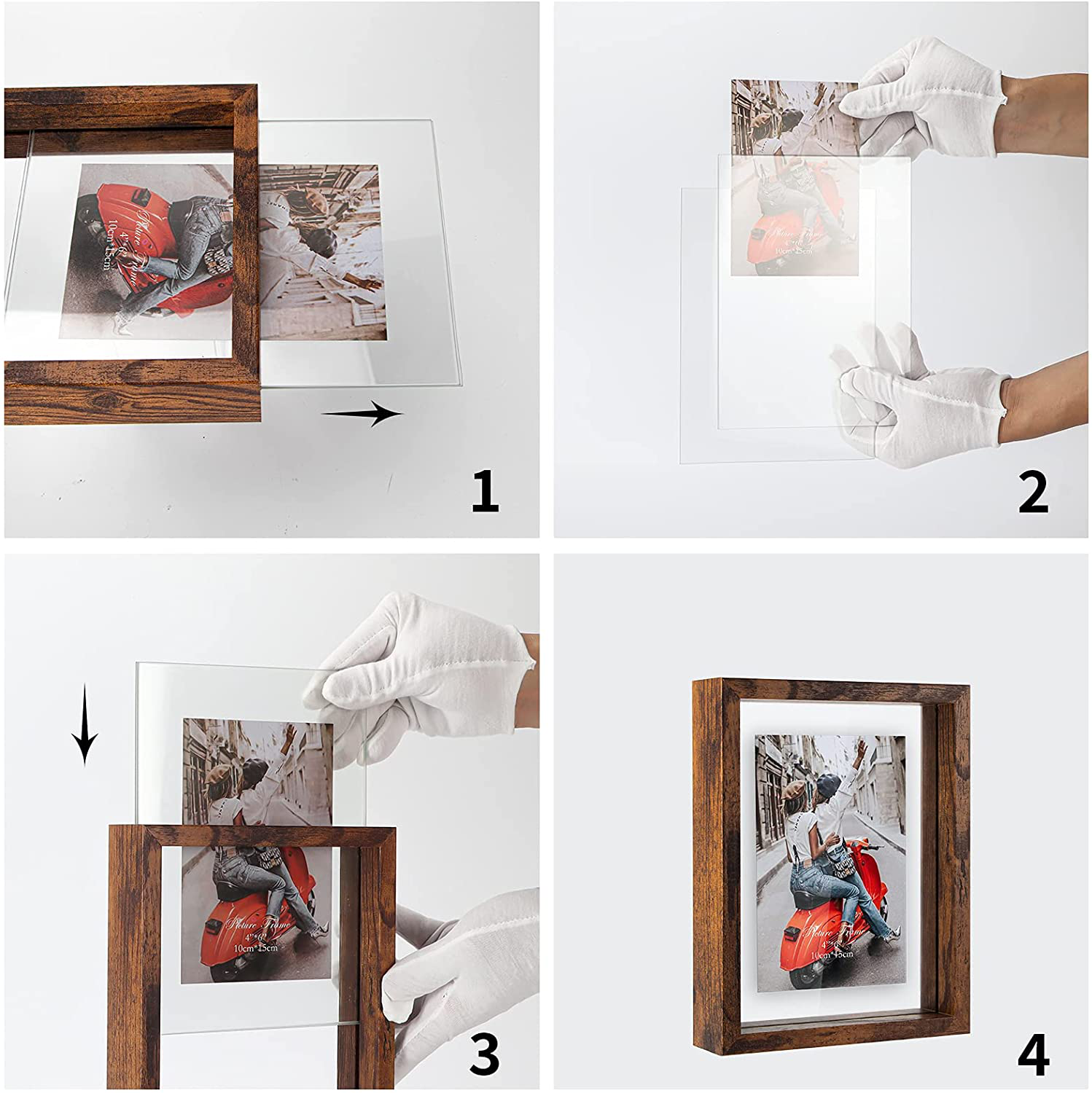 WIFTREY 2 Pack 4x6 Floating Picture Frames, Double Glass Rustic Photo Frame for Wall Hanging or Tabletop Standing, Displays Photo up to 6x8, Brown