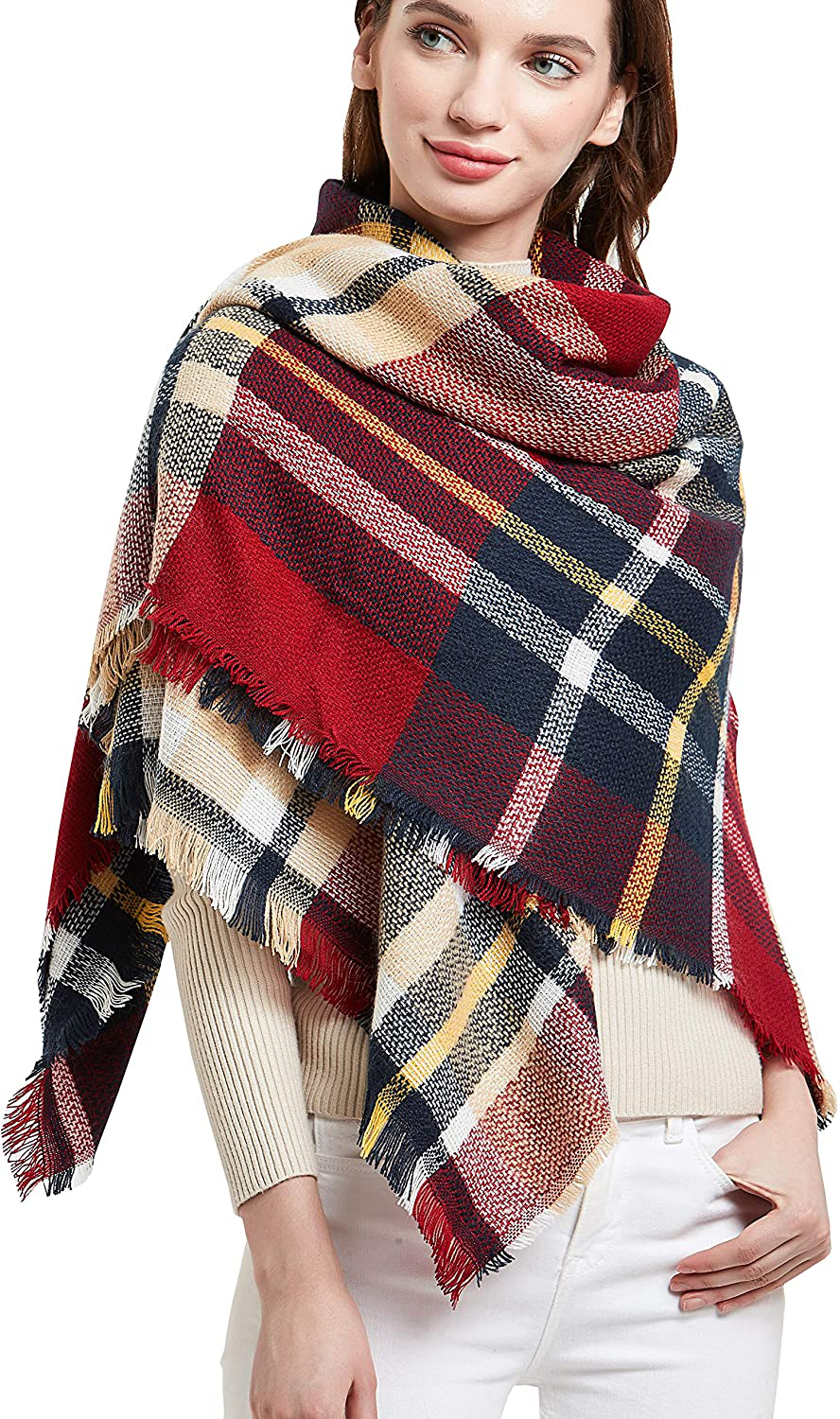 Wander Agio Womens Warm Scarf Square Winter Shawls Large Infinity Scarves Stripe Plaid Scarf