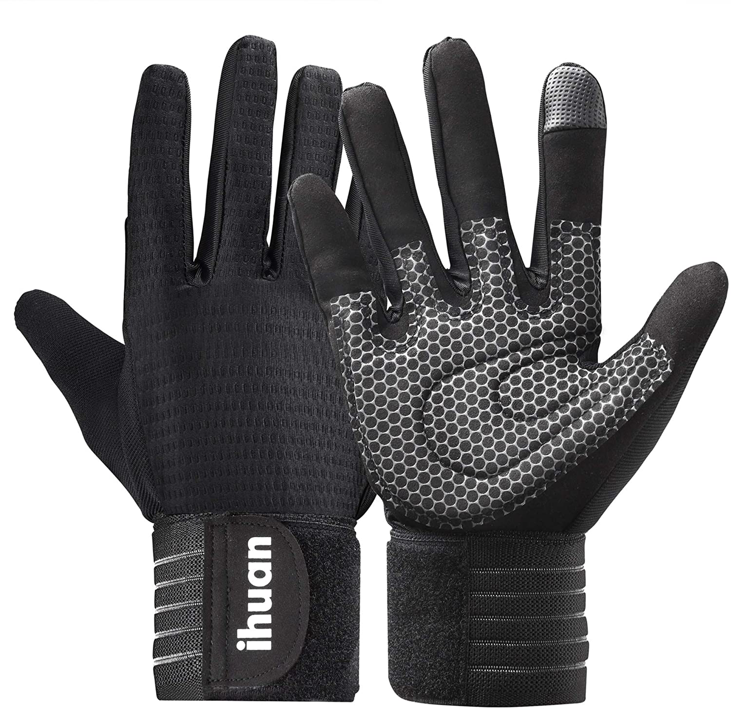 ihuan Ventilated Weight Lifting Gym Workout Gloves Full Finger with Wrist Wrap Support for Men & Women, Full Palm Protection, for Weightlifting, Training, Fitness, Hanging, Pull ups