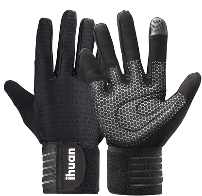 ihuan Ventilated Weight Lifting Gym Workout Gloves Full Finger with Wrist Wrap Support for Men & Women, Full Palm Protection, for Weightlifting, Training, Fitness, Hanging, Pull ups
