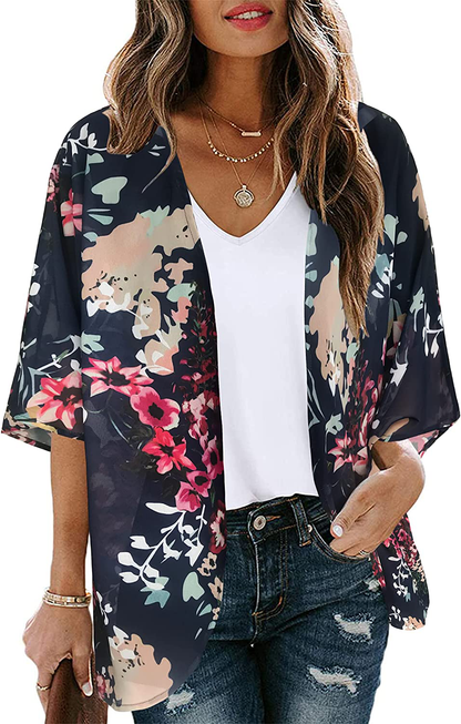 Women's Floral Print Puff Sleeve Kimono Cardigan Loose Cover Up Casual Blouse Tops