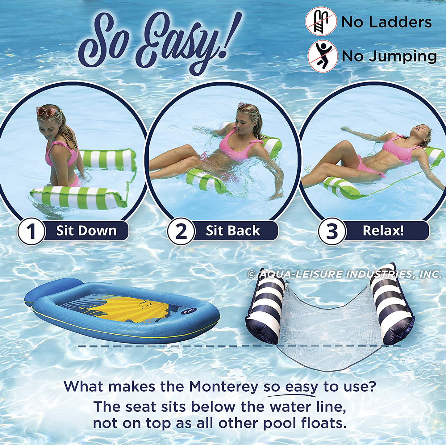 AQUA 4-in-1 Monterey Hammock XL (Longer/Wider) Inflatable Pool Chair, Adult Pool Float (Saddle, Lounge Chair, Hammock, Drifter), Water Hammock, Teal/Navy Stripe