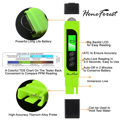 Water Quality Tester, Accurate and Reliable, HoneForest TDS Meter, EC Meter & Temperature Meter 3 in 1, 0-9990ppm, Ideal Water Test Meter for Drinking Water, Aquariums, etc.