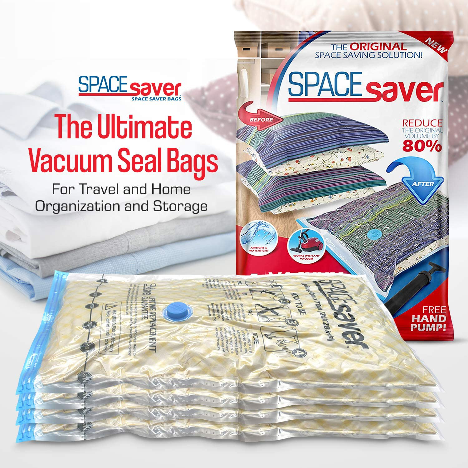 Spacesaver Premium Vacuum Storage Bags. 80% More Storage! Hand-Pump for Travel! Double-Zip Seal and Triple Seal Turbo-Valve for Max Space Saving! (Medium 6 Pack)