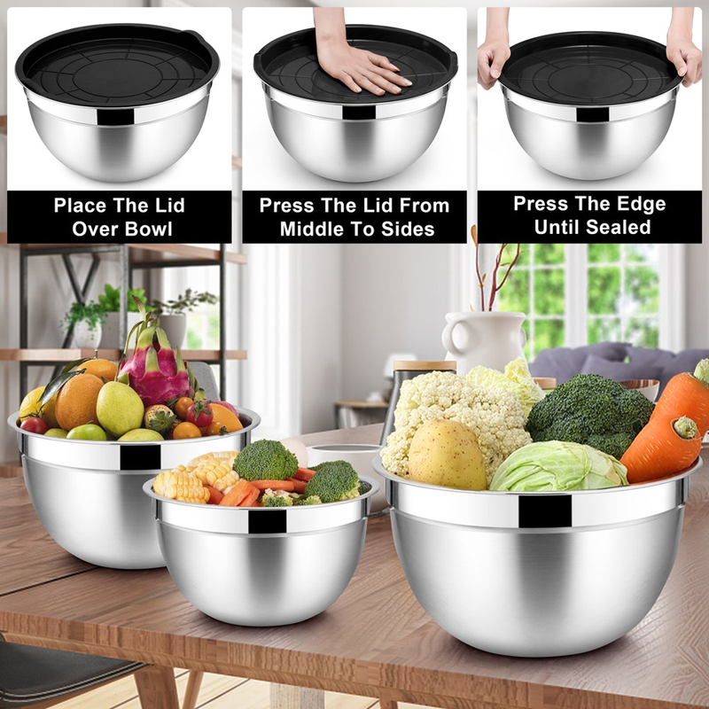 Set of 6 Mixing Bowls with Lids, Stainless Steel Metal Nesting Bowls for Cooking, Baking, Preparing & Serving