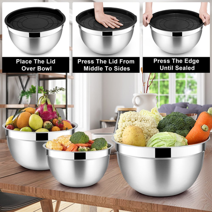 Set of 6 Mixing Bowls with Lids, Stainless Steel Metal Nesting Bowls for Cooking, Baking, Preparing & Serving