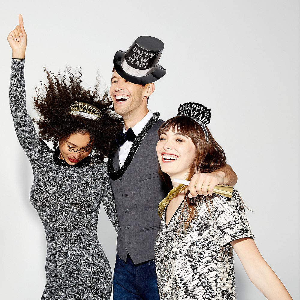 amscan Midnight Elegance Black, Gold and Silver 2022 New Year's Eve Party Decorations Supplies for 10, Includes Top Hats and Tiaras