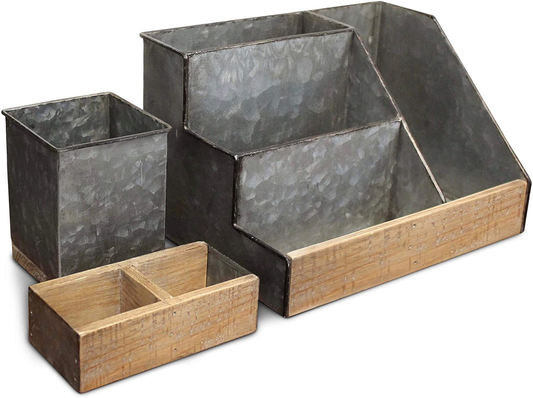 3 PIECE Galvanized Metal Desk Organizer Set- Rustic Mail Organizer For Desktop - Great For Rustic or Industrial Home Decor! Rustic Makeup Organizer For Vanity