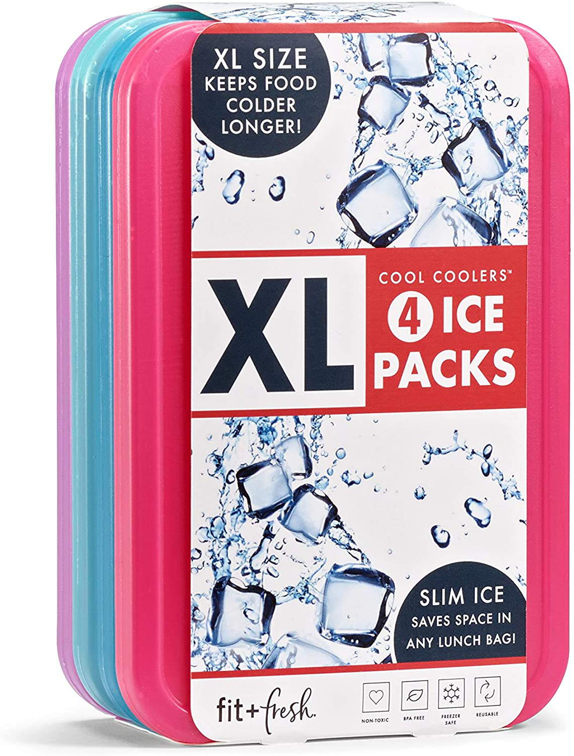 Fit + Fresh XL Cool Coolers Freezer Slim Ice Pack for Lunch Box, Coolers, Beach Bags and Picnic Baskets, Multi-Colored, 4 pack