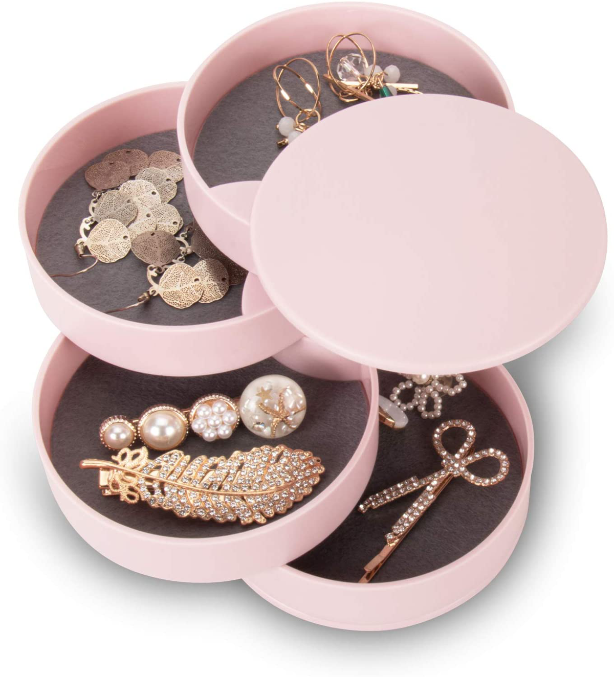 CONBOLA Jewelry Organizer, Small Jewelry Storage Box Earring Holder for Women, 4-Layer Rotating Travel Jewelry Tray Case with Lid for Bracelets Rings Bracelets (Pink)
